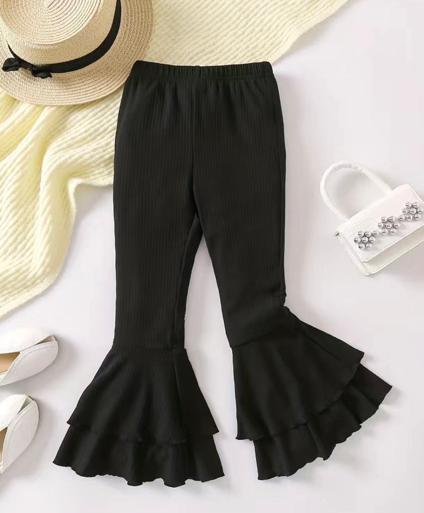Black Corded Knit Ruffle Pants